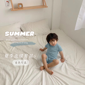 儿童睡衣纯色夏季薄款短袖短裤夏套装男童女童宝宝坑条修身空调服