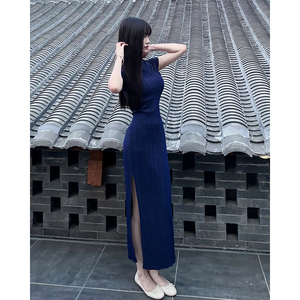 高级感小众设计名媛改良旗袍女夏季新中式修身显瘦蓝色连衣长裙子