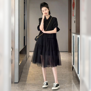 赫本风小黑裙法式女装夏季高级感显瘦气质黑色衬衫拼接网纱连衣裙