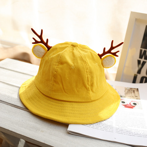 新款鹿角耳朵灯芯绒渔夫帽黄色卡通可爱儿童盆帽幼儿园男女亲子帽