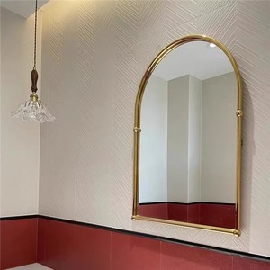 黄铜金色复古化妆镜 壁挂式拱形浴室纯铜镜子法式欧式风格