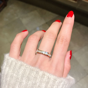 日韩版时尚满钻镀18玫瑰金钛钢单排钻戒指男女食指环饰品不掉色