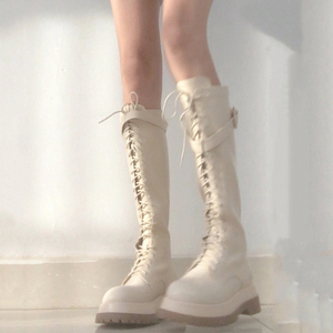 白色长筒靴女春秋季厚底不过膝骑士靴小个子胖mm粗腿绑带高筒长靴