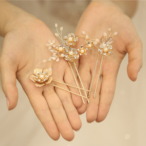 金色欧美风新娘手工花朵发簪子新款盘发发插结婚礼服婚纱头饰套装