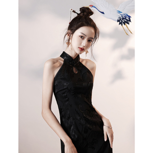 新中式国潮风黑色复古提花砍袖改良旗袍夏季少女年轻款无袖连衣裙