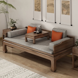 老榆木新中式罗汉床禅意雕花罗汉榻家用明清榫卯客厅沙发实木家具