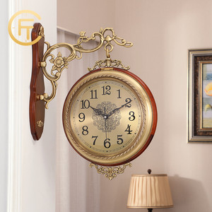 胖匠黄铜双面挂钟美式客厅复古实木欧式两面钟表个性创意装饰时钟