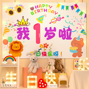 生日场景氛围布置装饰气球周岁男女孩卡通背景墙儿童派对定制海报