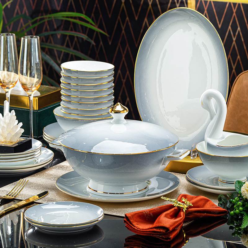 高档景德镇洛威骨瓷餐具套装碗盘家用轻奢陶瓷碗碟套装家用高级感