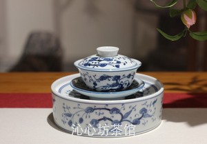 京德茶器贵和祥茶具手绘青花瓷灵芝草壶承干泡台陶瓷茶盘景德镇