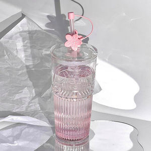 星巴克杯子樱花粉色渐变桃花女神玻璃吸管杯大容量水杯送女生礼物