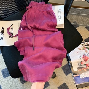 紫色冰丝缎面阔腿裤女夏季2024年新款高级感垂感直筒宽松休闲裤子