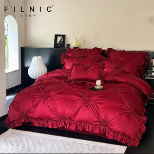 FILNIC品牌简约轻奢红色结婚床上用品四件套婚庆喜被100S全棉高档