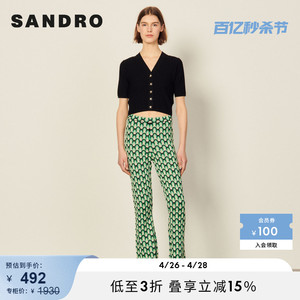 SANDRO Outlet女装春季法式优雅V领黑色短袖T恤上衣SFPPU01444