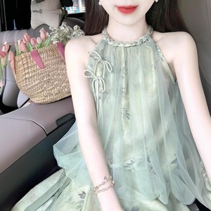 夏装搭配一整套新中式国风复古文艺无袖挂脖上衣半身裙子两件套装
