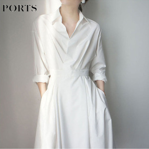 宝姿法式白色连衣裙春秋内搭衬衫裙显高显瘦气质女装高级感长裙
