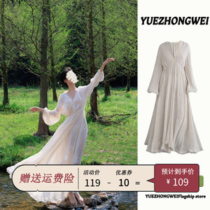 白色长袖连衣裙女春装2024年新款女法式v领雪纺高级感仙女长裙子