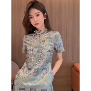 新中式国风旗袍改良高级感气质高端精致唐装盘扣蓝色连衣裙子女夏