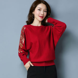 针织蝙蝠衫女新款2023韩版宽松蝙蝠袖短款春秋红色长袖毛衣套头衫