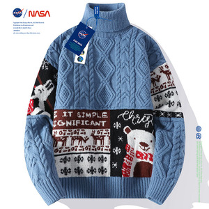 NASA联名圣诞节高领米色针织衫毛衣男秋冬季休闲宽松加厚情侣上衣
