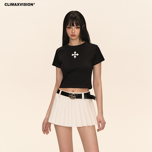 CLIMAX VISION十字架紧身弹力短款短袖T恤女美式辣妹显瘦运动tee