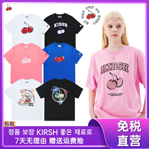 韩国新款KIRSH樱桃经典短袖t恤女宽松圆领植绒印花短款百搭情侣潮
