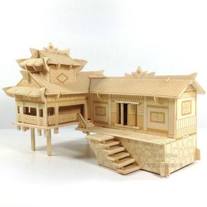 木制仿真手工DIY益智拼装立体拼图玩具 木质中国古建筑物房子模型