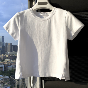 东大门白色纯棉开叉短袖T恤女2024夏季新款不规则遮肚子短款上衣