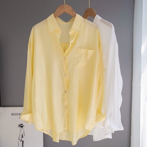 韩国天丝鹅黄色长袖衬衫女2024夏季薄款宽松衬衣时尚休闲防晒外套