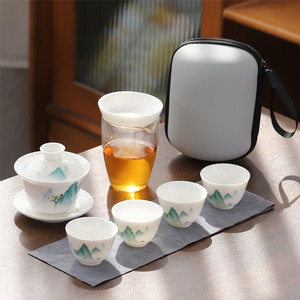 旅游茶具小套装便捷羊脂玉瓷家用陶瓷盖碗茶杯便携式快客杯收纳包