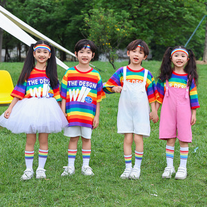 六一儿童啦啦队演出服幼儿园纱裙表演服装小学生糖果色背带裤舞蹈