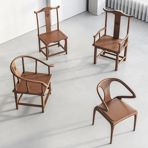 新中式浅胡桃色全实木轻奢官帽椅茶椅圈椅铜钱椅简约舒适椅子合集