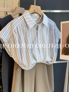 高级感蓝色条纹短袖衬衫女夏季设计感小众棉麻衬衣法式polo领上衣