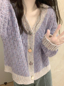 小香风香芋紫色v领针织开衫女秋冬加厚高级感超好看毛衣外套上衣