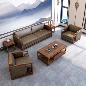 新中式客厅实木沙发茶几组合现代轻奢办公室接待会客沙发别墅家具
