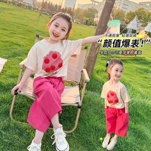 纯棉女童夏季童装套装2024洋气时髦儿童女宝阔腿裤短袖t恤两件套