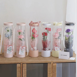 抱抱桶插花透明圆形pvc单支玫瑰花束包装盒圆筒手拎鲜花盒情人节