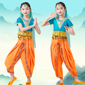 敦煌风印度舞蹈服古典民族服装女少儿表演服西域新疆肚皮舞演出服
