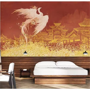 新中式壁纸白色凤凰客厅卧室电视背景墙墙布民宿酒店茶室装修壁画