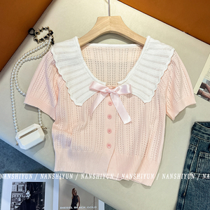 粉色娃娃领针织衫短袖女夏季薄款法式甜美蝴蝶结短款镂空冰丝上衣
