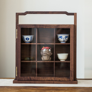 北美黑胡桃木九宫多宝格桌面实木置物架茶具收纳展示盒收藏玻璃柜