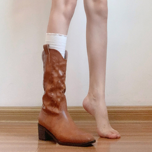 牛皮版！马靴西部牛仔靴棕色中筒靴刺绣骑士靴女2023新款秋冬靴子