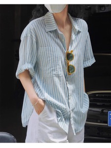 韩版蓝色条纹亚麻棉麻短袖衬衫女夏季薄款防晒衬衣设计感小众上衣