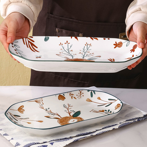 鱼盘子家用新款大号菜盘创意可爱鹿陶瓷餐具椭圆蒸鱼碟子套装餐具