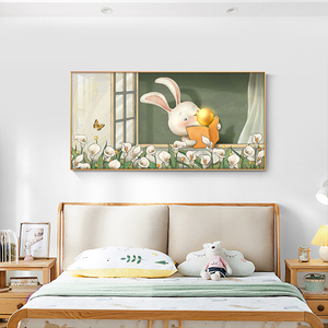 卡通儿童房装饰画温馨女孩卧室床头挂画背景墙画可爱兔子壁画横版