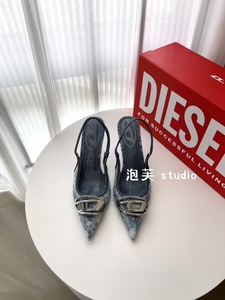 正品Diesel迪赛24春秋复古尖头logo高跟凉鞋后空高跟鞋虞书欣同款