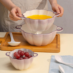 紫色汤碗家用高级感盛汤大碗陶瓷釉下彩蒸蛋羹早餐碗双耳大号面碗