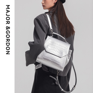 MAJORGORDON时尚女包双肩包包女2023新款韩版大容量银色手提背包