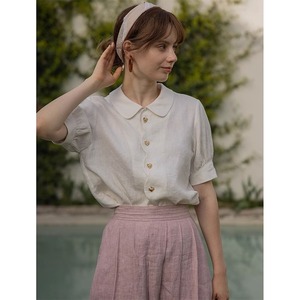 复古白色棉麻波浪边短袖衬衫女法式夏季设计感小众娃娃领衬衣上衣