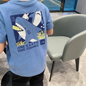 蓝色男女儿童短袖夏季潮牌背后鲨鱼印花中大童圆领透气纯棉T恤洋